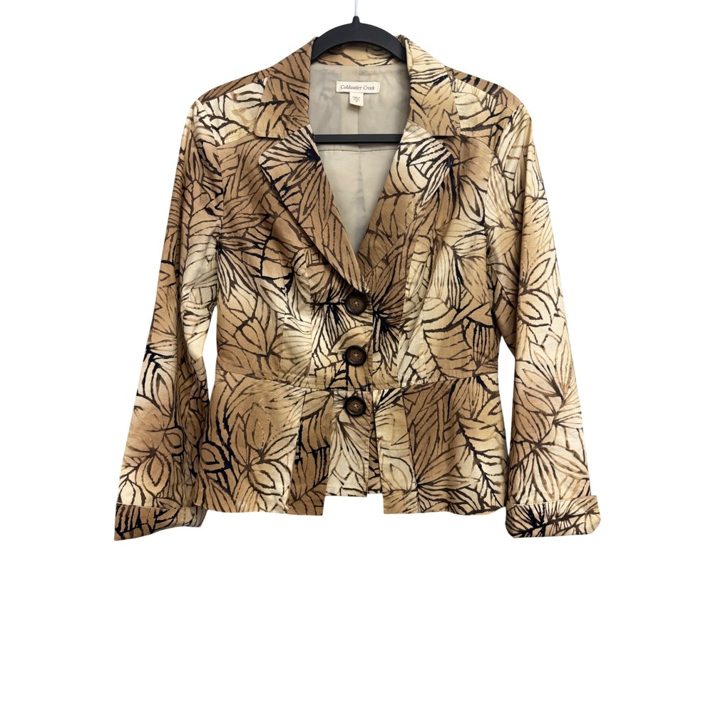 Coldwater Creek Woman 6 Tan Brown Leaf Print Cotton Blend Peplum Blazer Jacket